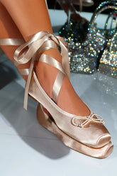 Arianna Bow Ankle Wrap Ballet Flats in Nude