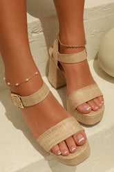 Cecilia Platform Raffia Chunky Heels in Natural