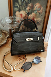 Vivian Croc Embossed Top Handle Crossbody Bag in Black