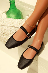 Eleni Mary Jane Raffia Flats in Black