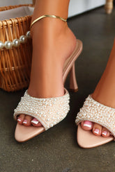 Crystal Pearl Embellished Mid Heel Mules in Nude