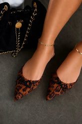 Darla Leopard Pointed Toe Flat Mules with Ruched Bow