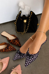 Darla Ruched Pointed Toe Flat Mules in Black Polka Dot