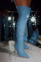 Shine Bright Embellished Over-the-Knee Heel Boots in Denim