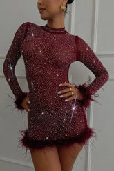 Your Dream Girl Embellished Mesh Mini Dress in Wine