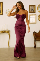 Elegant Affair Strapless Satin Maxi Dress in Burgundy