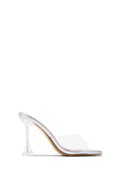 Demie Clear Strap Mule Heels in Silver