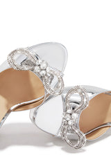 Caitelyn Embellished Bow Platform Block Heels in Silver