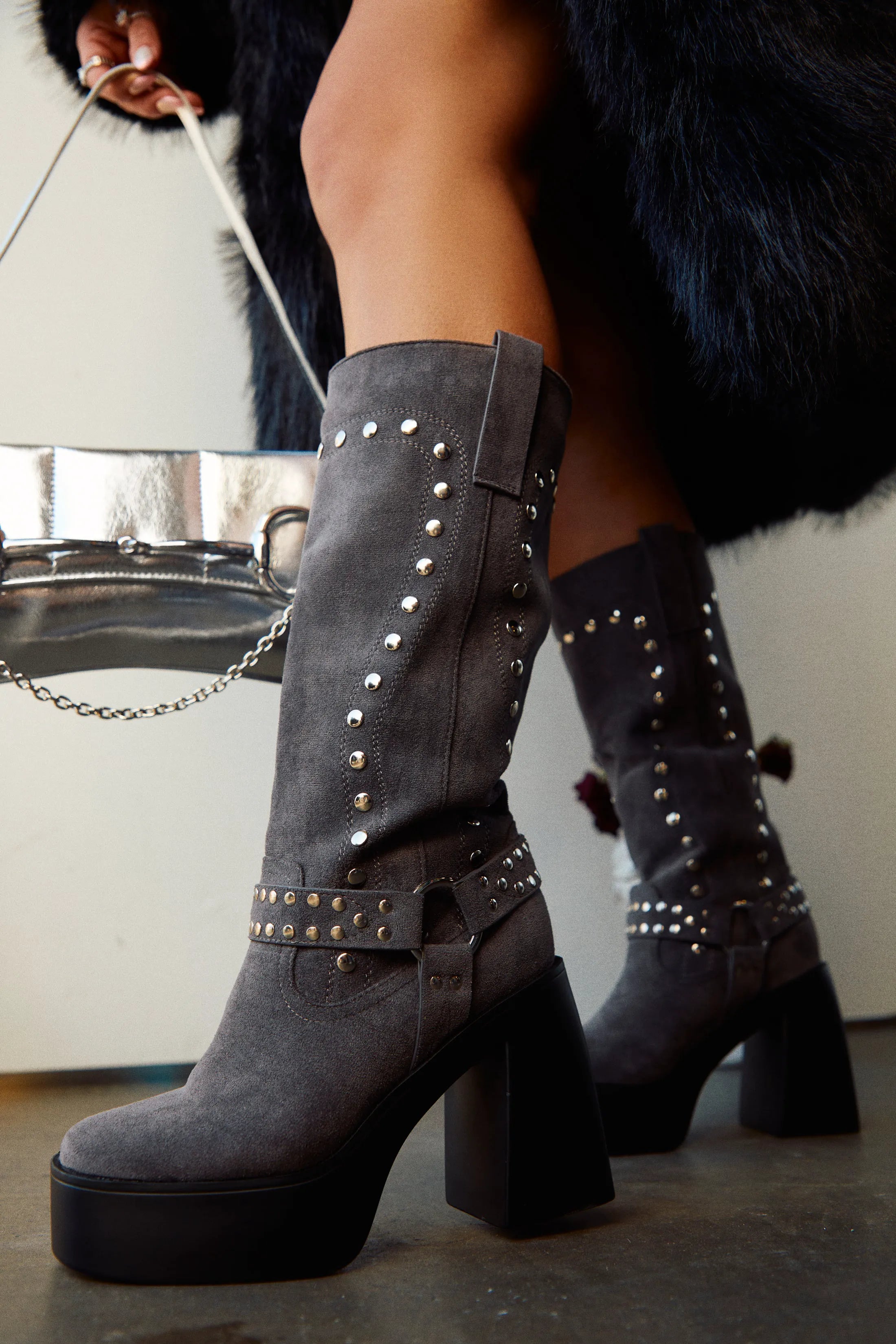 Kamari Grey Block Heel Moto Boots
