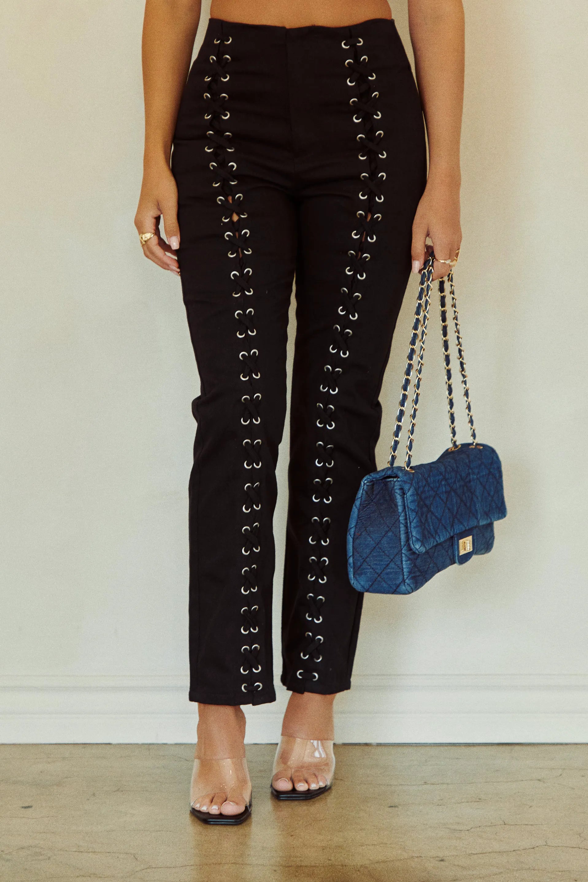 Simani Lattice Detail Straight Leg Pant in Black